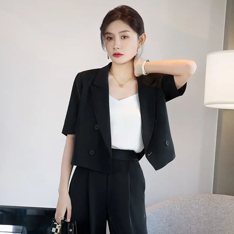 DAYIFUN Women Solid Color Sets Lapel Short Sleeve Streetwear Double Breasted Blazer and Trousers Fashion Casual Ladies Suits