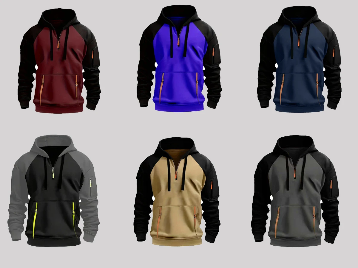    2025 outono/inverno jaqueta masculina cor bloqueada com capuz zíper multi bolso com inserção manga de ombro casaco esportivo casual