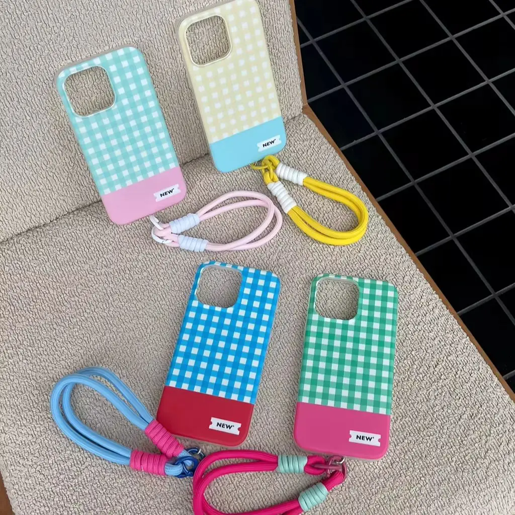 Color Plaid Splicing With Lanyard Shockproof Protective Phone Cover Case for iPhone 16 15 14 13 12 Pro Max