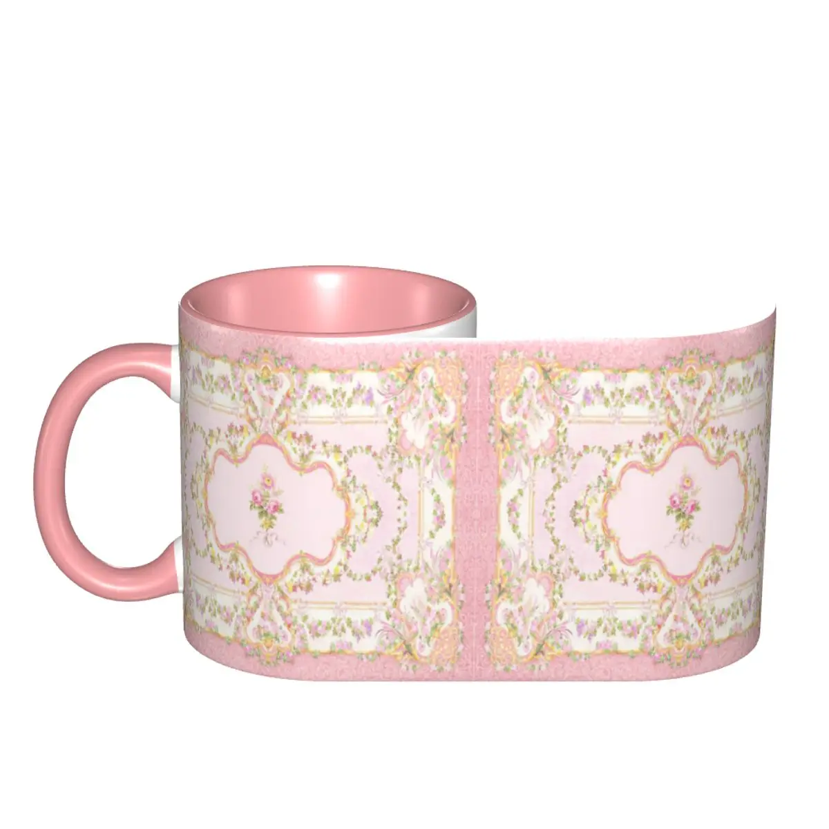 French Rococo Pink Floral Watercolor Panel Mug Ceramic Coffee Cups Tea Mugs Milk Cup Drinkware Gifts for Friends DIY Custom