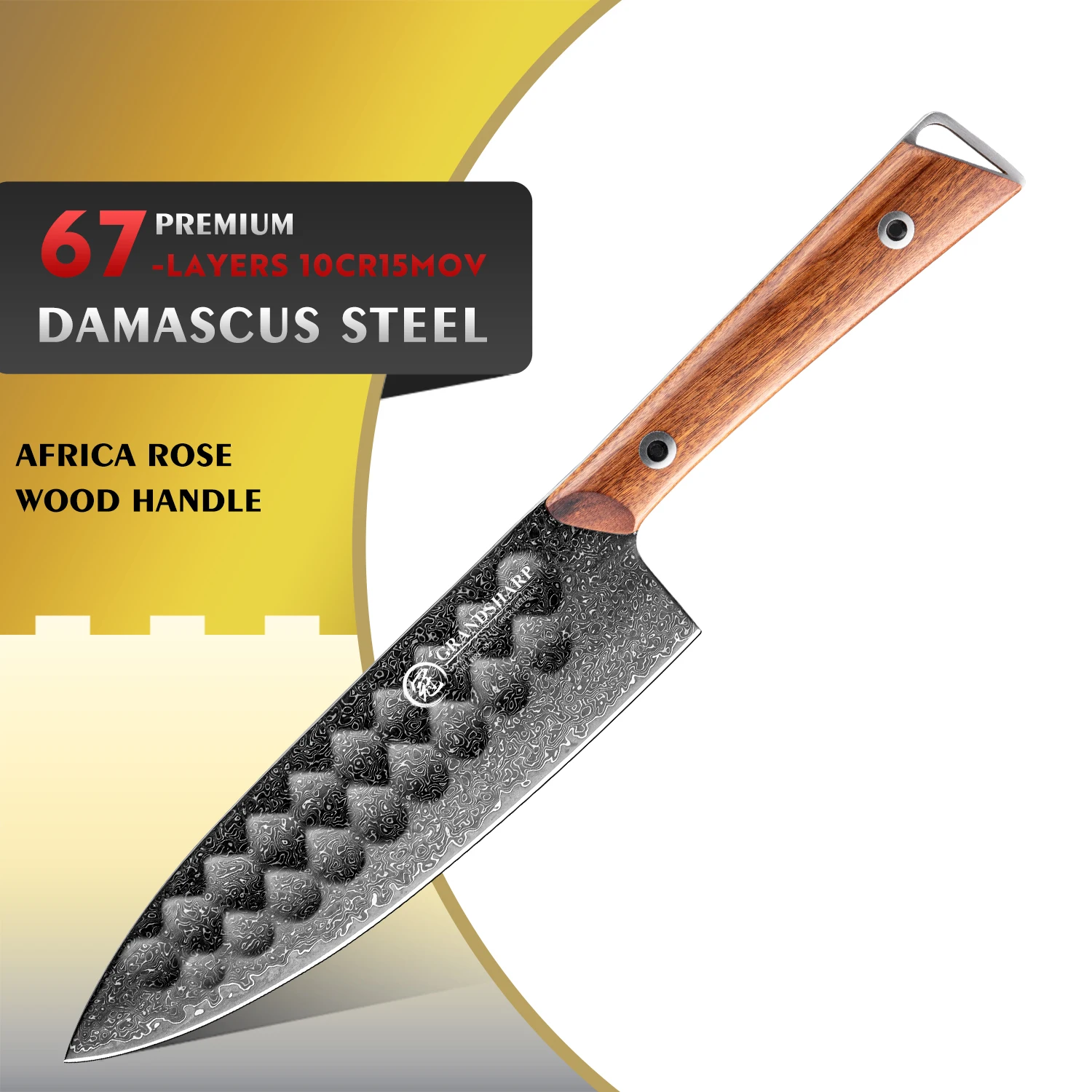 

Grandsharp 6''Utility Knife 67 Layers 10Cr15MoV Core Damascus Steel Africa Rose Wood Handle All Purpose Kitchen Tool with Box