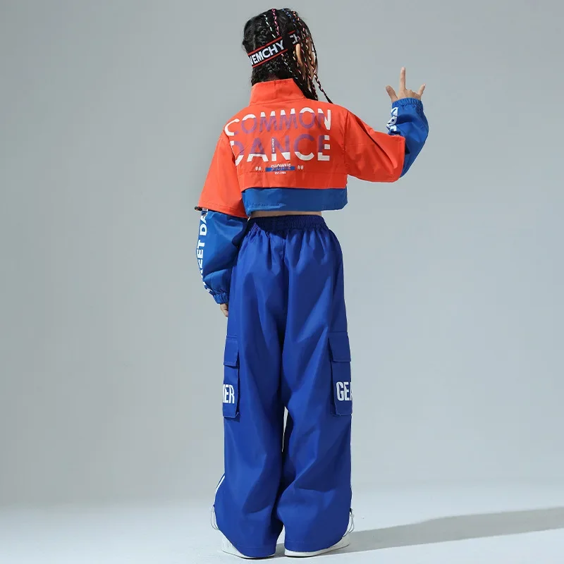 Vêtements Kpop Hip Hop pour enfants, haut court Orange, Streetwear Cargo Jogger, pantalon bleu pour filles et garçons, Costume de danse Jazz