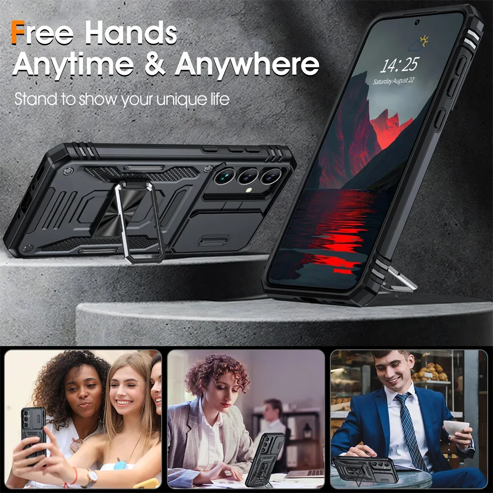 Fall Für Samsung S24 S23 S22 S21 S25 Ultra Plus FE A55 A35 A15 A54 A56 A36 4G 5G Ring Stand Rüstung Rutsche Kamera Ständer Abdeckung
