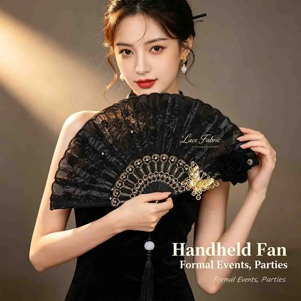 Handheld Fan Lace Folding Fan Sequin Chinese Dance Prop Elegant Performance Tool Embroidery Tassel Decor Vintage Accessory