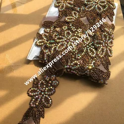 Brown Beads Flower Trims For Coat Garments Accessory AB Crystal Beaded Applique For Sweaters Dress Hats Shoes Decoration