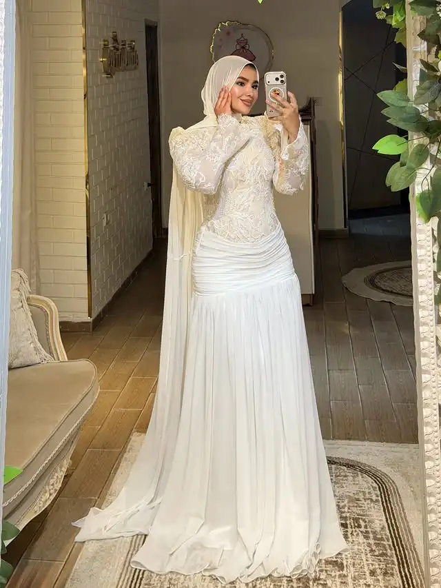 Customized Modest Muslim Hijab Wedding Dress High Neck Lace Appliques Bridal Gown Ruched Chiffon Islamic Robe De Mariée