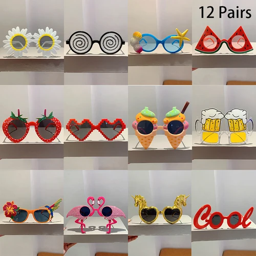 Imagen 2 del producto 12 pares por juego lindos gafas de sol de playa 2025 hombres divertidos vacaciones de verano tonos decorativos mujeres diseño de moda gafas de sol Rave
