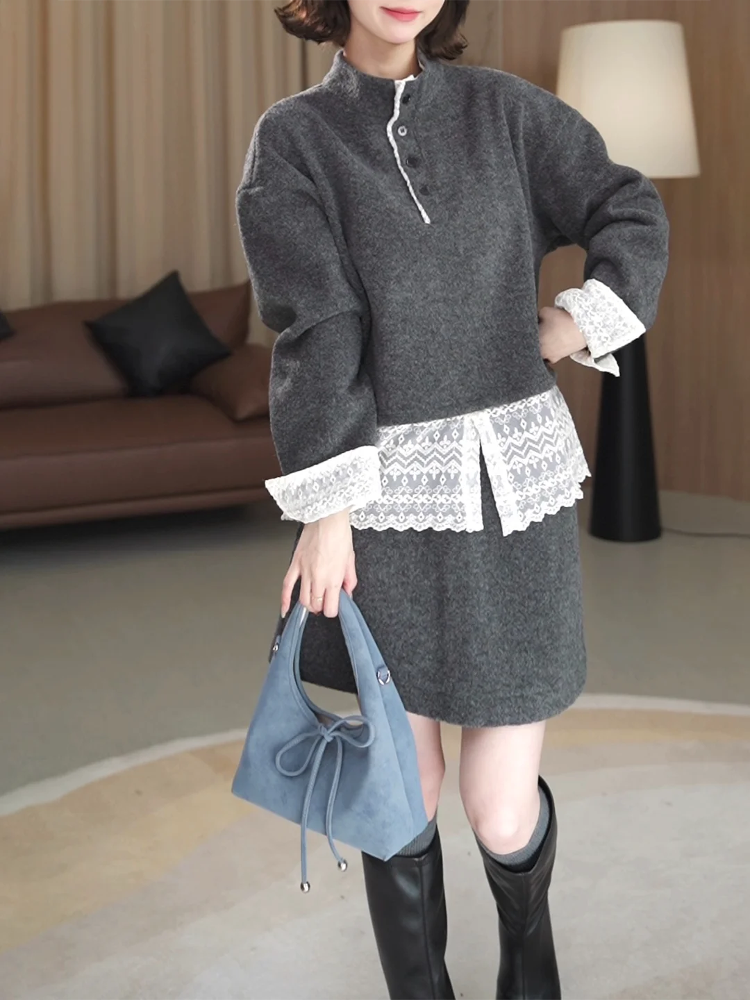 

Gray Slimming Short Skirt Two-Piece Set Korean Style Fashionable Spring New Design Women's Suit Casual Comfortable Medium Thi...