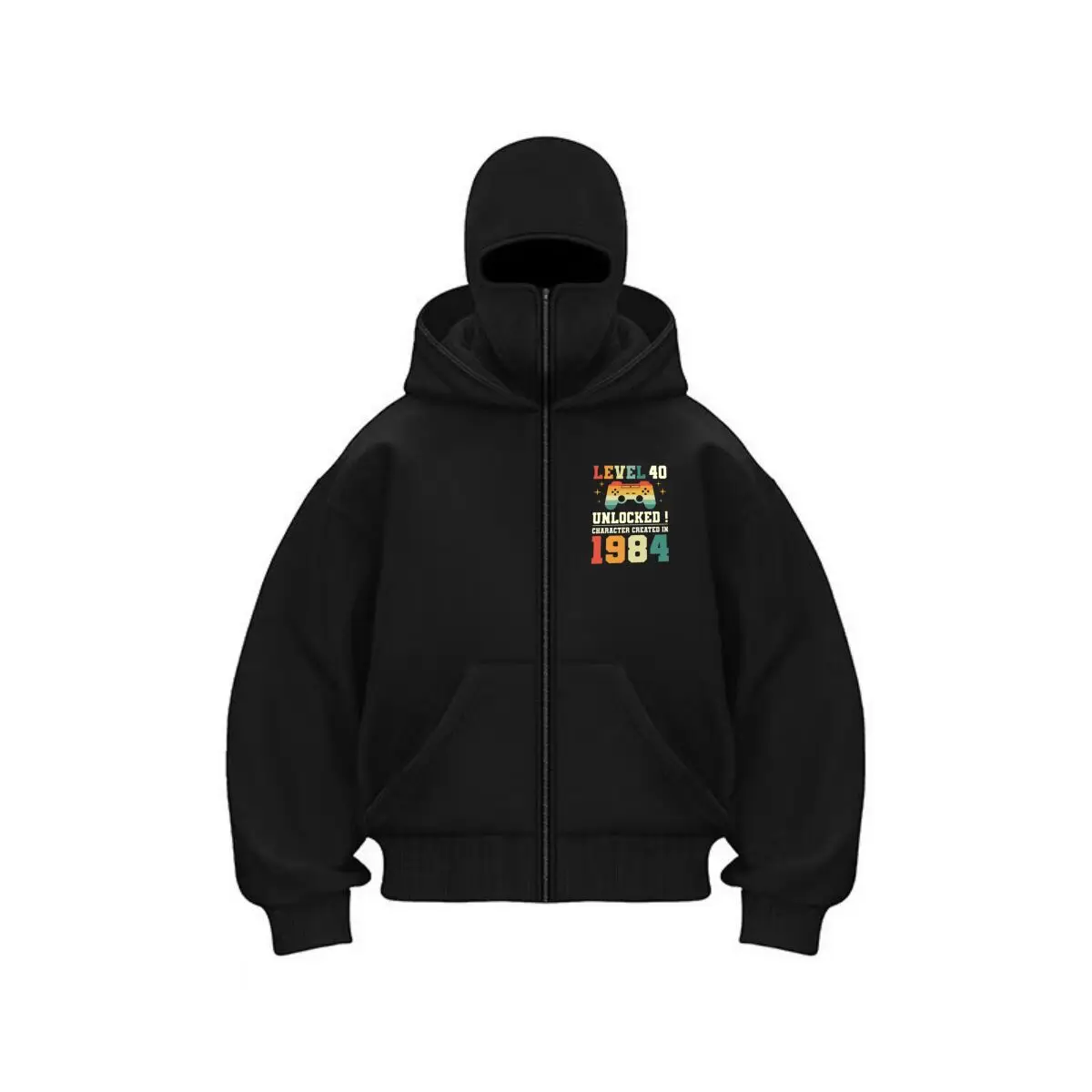 Level 40 Gaming - Inspired, 'Level 40 Unlocked 1984' Gamer Text Design Men's Double Hood Balaclava Zip Hoodie Winter Warm