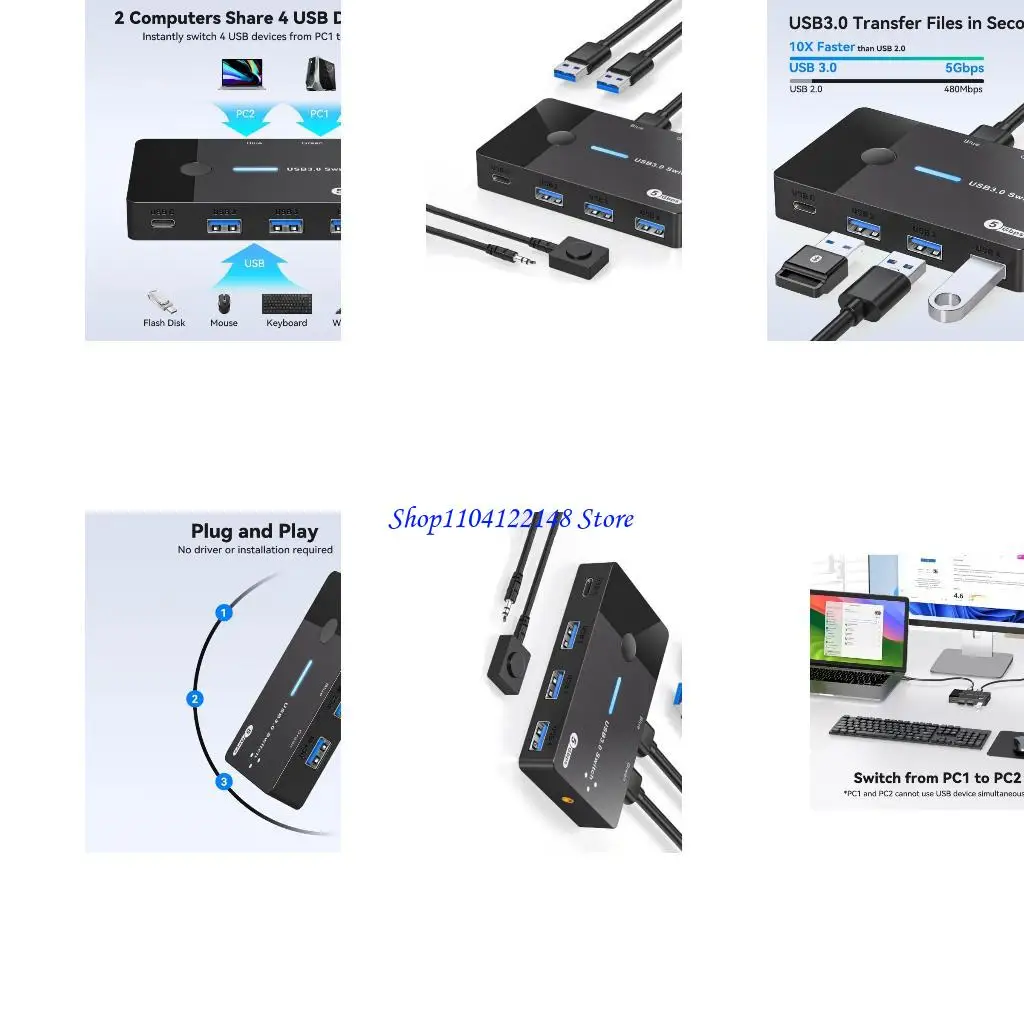 

P9FA KVM 2 In 4 Out Switcher USB Selectors for PC Share Monitors Mouse Keyboards 4 Port Selectors Switcher for Computer