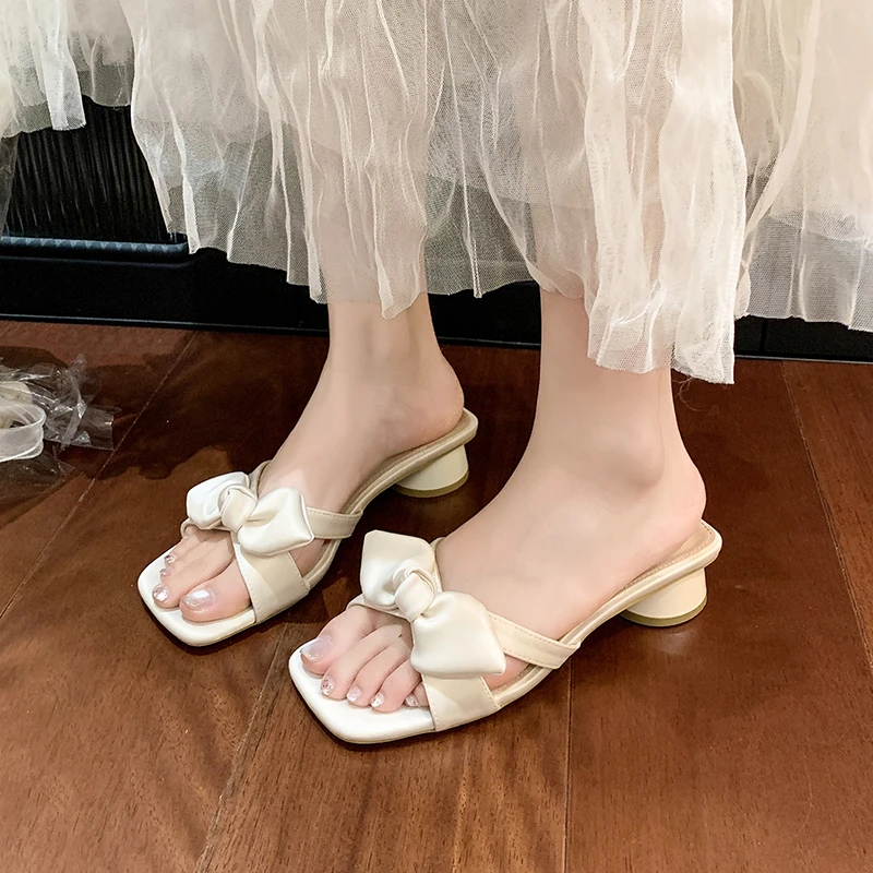 المرأة Bowknot عالية الكعب النعال ساحة المفتوحة تو الانزلاق على الصنادل تنفس عادية عدم الانزلاق بلون الشرائح النساء النعال #6