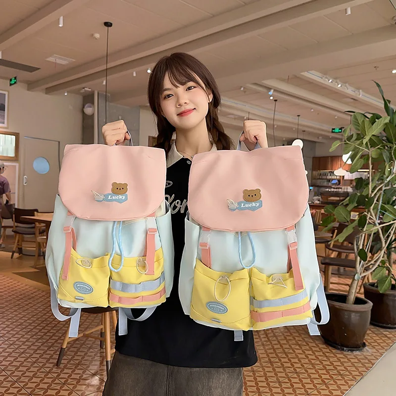 Color Block Flap Bear Embroidery Backpack Multiple Colors Large Capacity Light School Bag For Teen Girls Casual Daily Rucksack