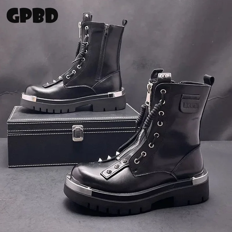 GPBD Knight Boots Men Thick-Topped British Style Autumn 2025 Mid-Calf Ankle Boot with Chelsea Cap and High-Heel Leather Boot
