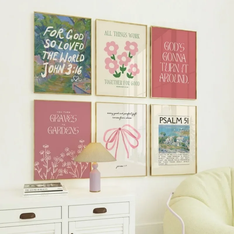 Affiche murale rose vintage avec papillon et fleur, art chrétien, galerie d'art, peinture diamant colorée, cadeau d'encouragement, art mural