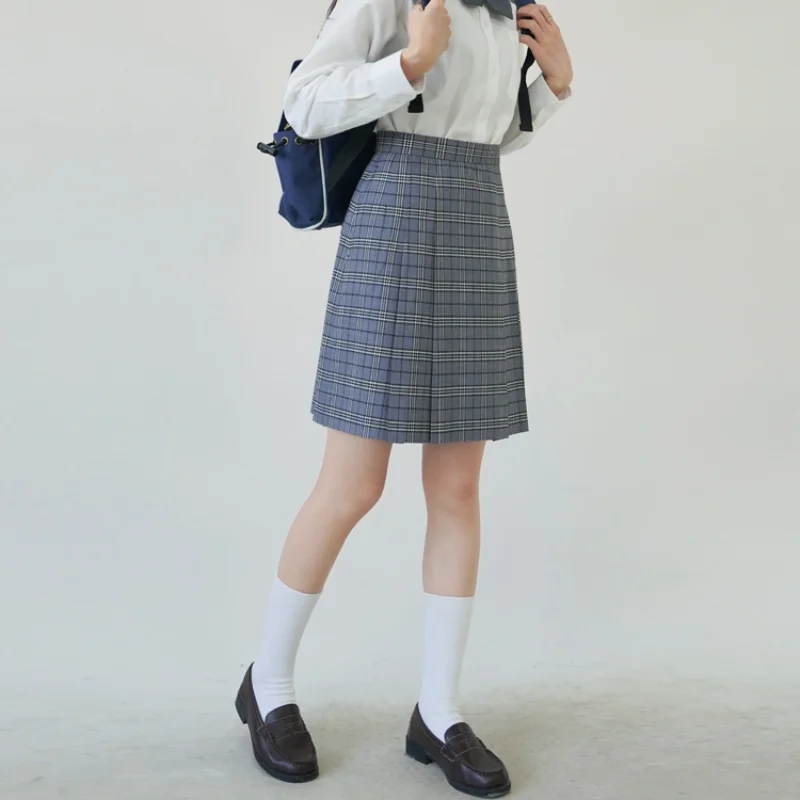 Japanese Jk Uniform Casual Style Summer Gray Blue Plaid Summer A Line Slim Fit Fashion Versatile Comfortable Pleated Skirt Girl