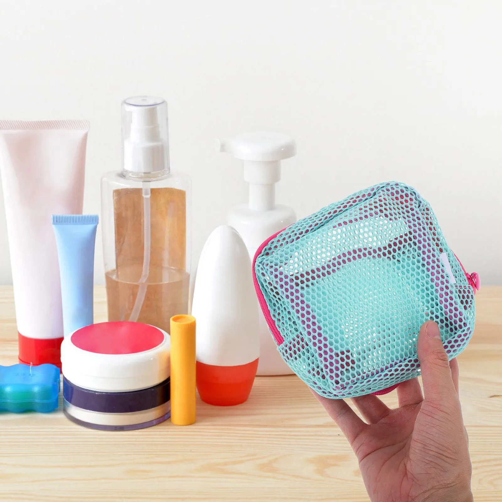 Turquoise Mesh Tofu Bag Rose Pink Lanyard Multifunctional Travel Storage Organizer for Cables Earbuds Accessories Makeup Jewelry