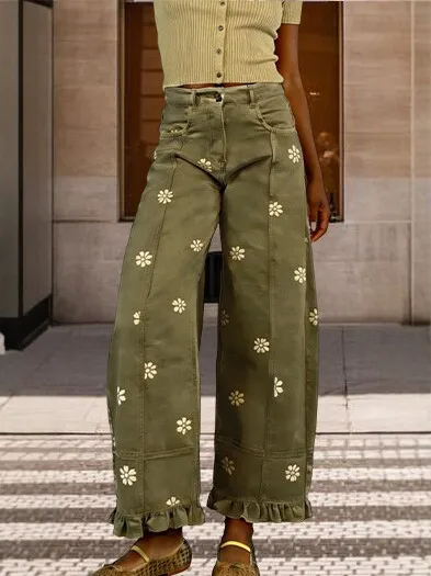 Women Floral Print Wide Leg Jeans High Waist Ruffle Hem Loose Casual Denim Trousers