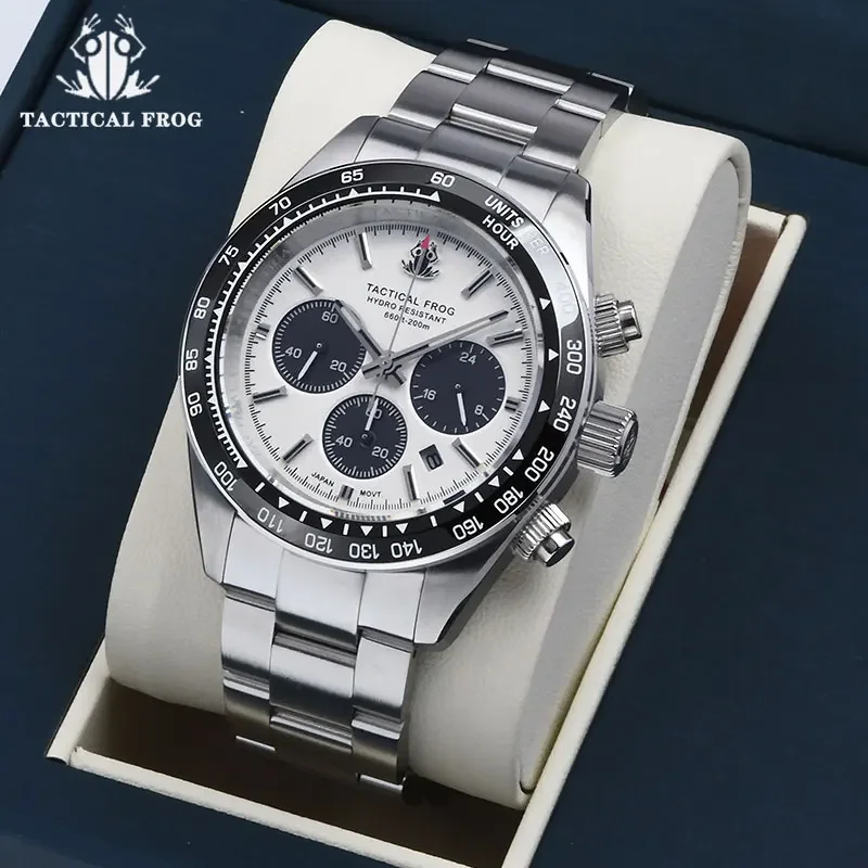 Tactical Frog Herren-Business-Taucheruhr VS75B Quarz-Chronograph 316L Stahl Saphir 200 m wasserdicht C3 leuchtende Herrenuhr