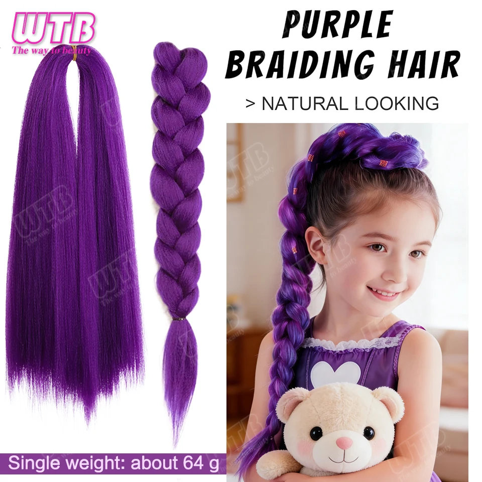 WTB Synthetic Extension Wig Purple Pre-stretched Straight Hair Extension Wig Is Suitable for Girls' Daily Holiday Braiding