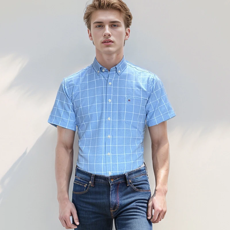 

Male Business Dress Striped Plaid Oxford 100% Cotton Men Short Sleeve Shirt Spinning Casual Comfortable Design Slim Size S-7XL