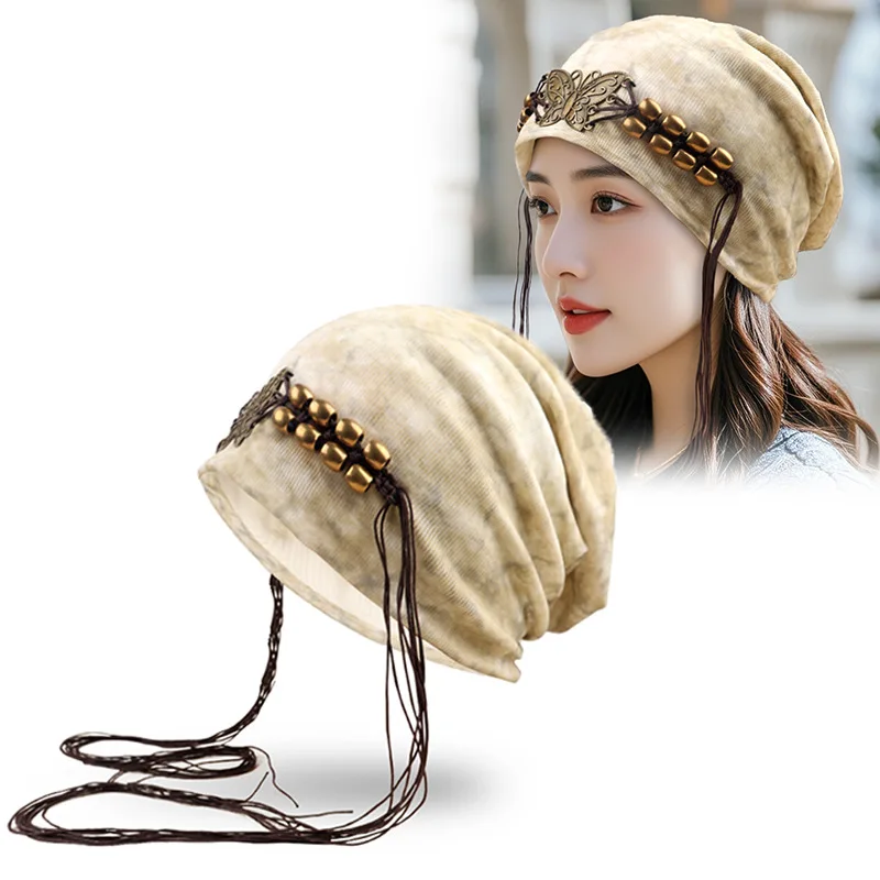 

Trendy Premium Tie-dye Fringed Butterfly Stacked Hat - Women's Autumn Winter American Retro Face Slimming Bag Head Cap