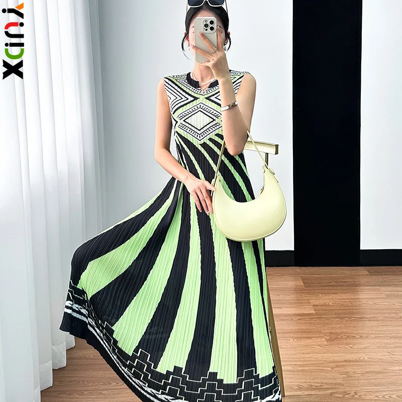 YUDX Pleated Original Dress Summer New Abstract Print High-waisted Fashion V-neck Sleeveless Pleated 2024 Women's Dresses