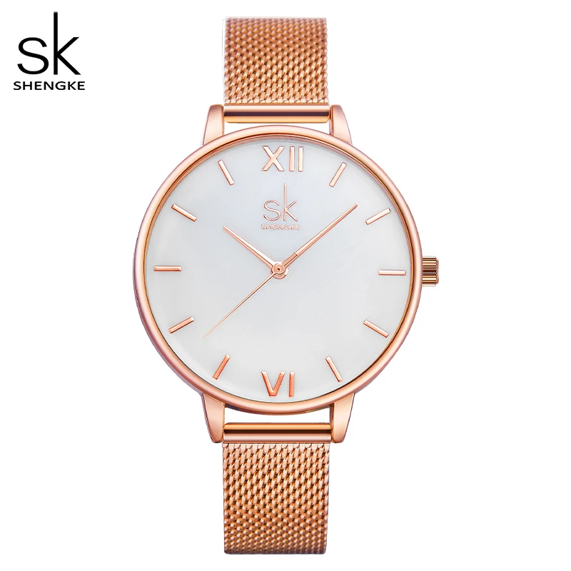 

Shengke Light Luxury Rose Gold Relogio Feminino Fashion White Shell Dial Quartz Women Watch Adjutable Mesh Band Montre Femme