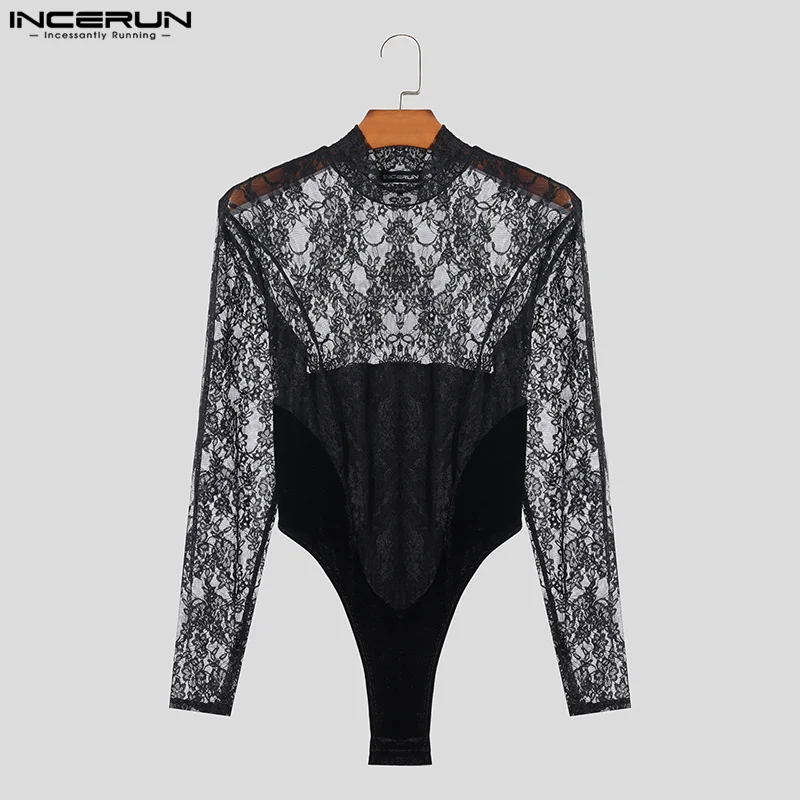 INCERUN 2024 Sexy Men Loungewear Lace Spliced Fleece Design Bodysuits Casual Half High Neck Triangle Long Sleeved Jumpsuit S-3XL