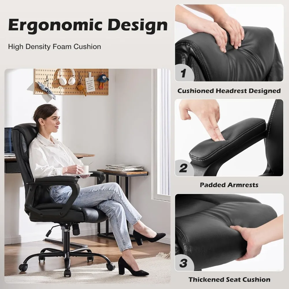 Executive-Chaises de Bureau en Cuir à Dossier Haut, Grands et Grands, avec Bras, Support Lombaire Ergonomique, Réglable, à Roues, Recommandé