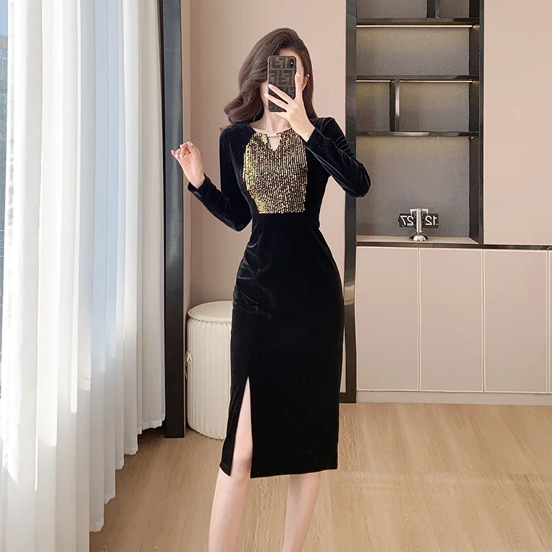 Elegant 2024 Autumn New Sequined Golden Black Velvet Slim Long Dress Formal Party Dress