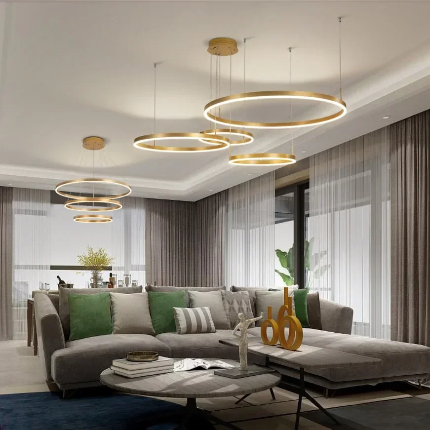 2024 Modern Led Crysta Chandelier Home Lighting Brushed Rings Ceiling Mounted Pendant Lighting Hanging Lamp Gold&Coffee Color