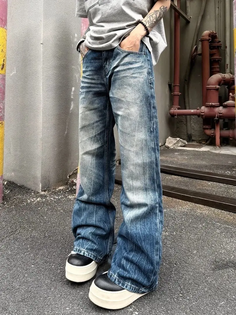 Jeans Americanos Retro com Padrão de Rachaduras, Calças Casuais Largas para Homens e Mulheres, Estilo High Street, Jeans Popu...
