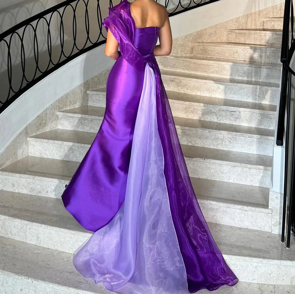 Mermaid Strapless  Off the Shoulder Satin Organza Half Sleeves Elegant and Luxury Evening Dresses Panel Train Flowers Pleats