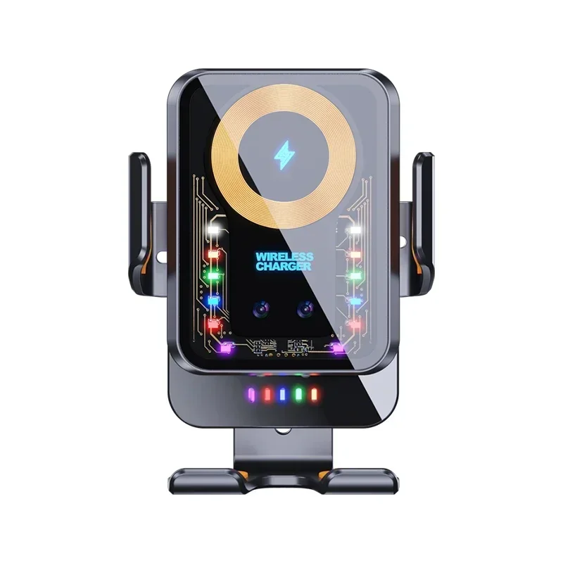 ที่วางโทรศัพท์ในรถยนต์พร้อมไฟบรรยากาศชาร์จไร้สาย 15W ที่วางโทรศัพท์ในรถยนต์สำหรับไอโฟน 12 13 14 15 โปรแม็กซ์ หัวเว่ย ซัมซุง