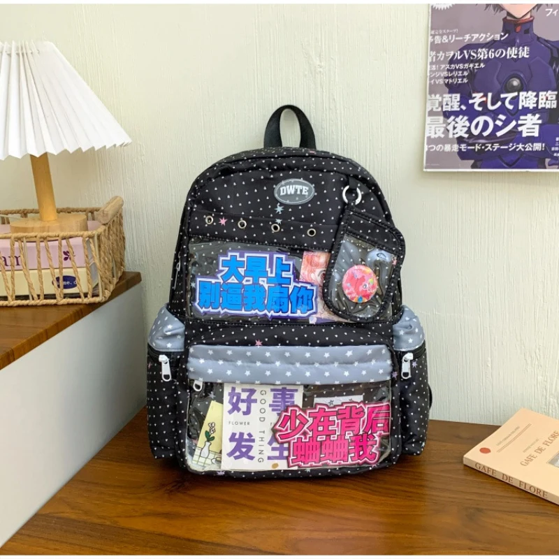 Modischer Rucksack mit transparentem Sichtfenster, großes Fassungsvermögen, gepunktete Schultasche für Teenager-Mädchen, leichte Büchertasche – Detail 10