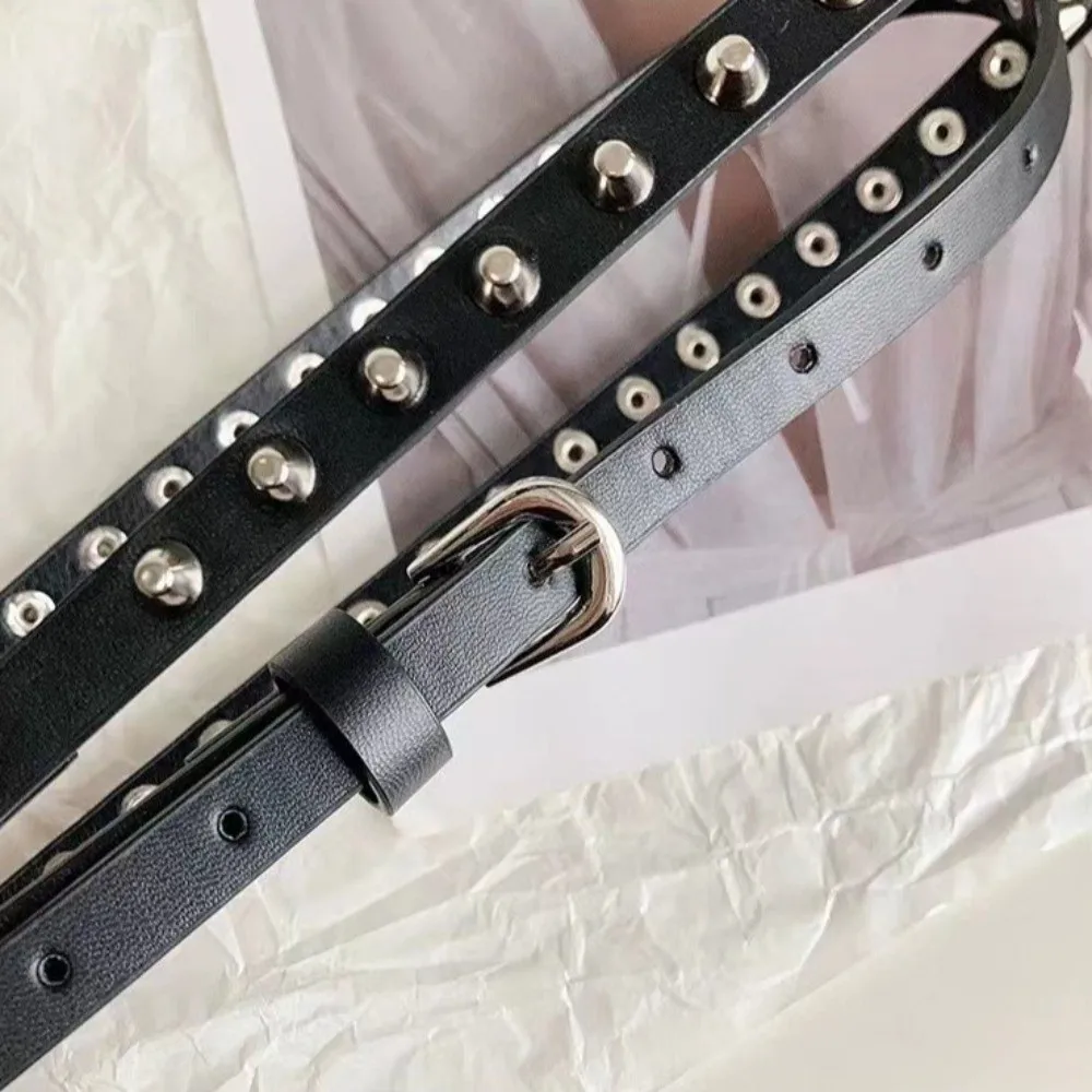 Vintage Thin Women's Rivet Belt Extra Long with Bucket Nails Leather Waist Belt Gothic Black Dress Jeans Belt Waist Accessories