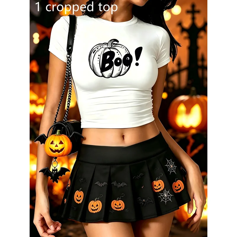 Halloween Women Crop T-shirt Pumpkin & Boo Graphic Short Sleeve O Neck Casual Top
