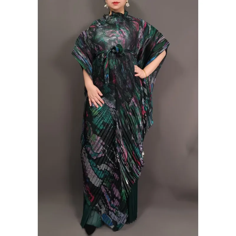 Nouveau Miyake grande taille Stretch femmes ensemble à manches longues chauve-souris cape robe droite jambe large pantalon 2 pièces Simple décontracté africain bal