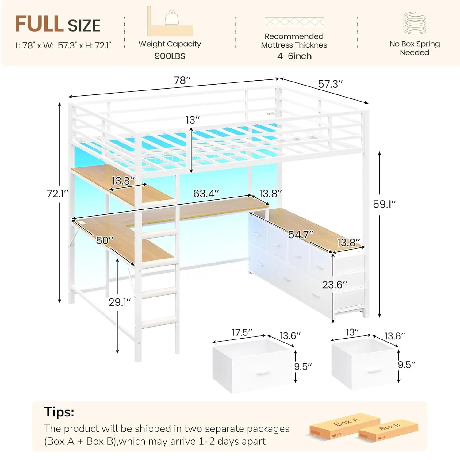 Loft Bed Full Size with U-Shaped Desk,7 Storage Drawers and Charging Station,Metal Full Loft Bed with Led Lights, Customized image 2