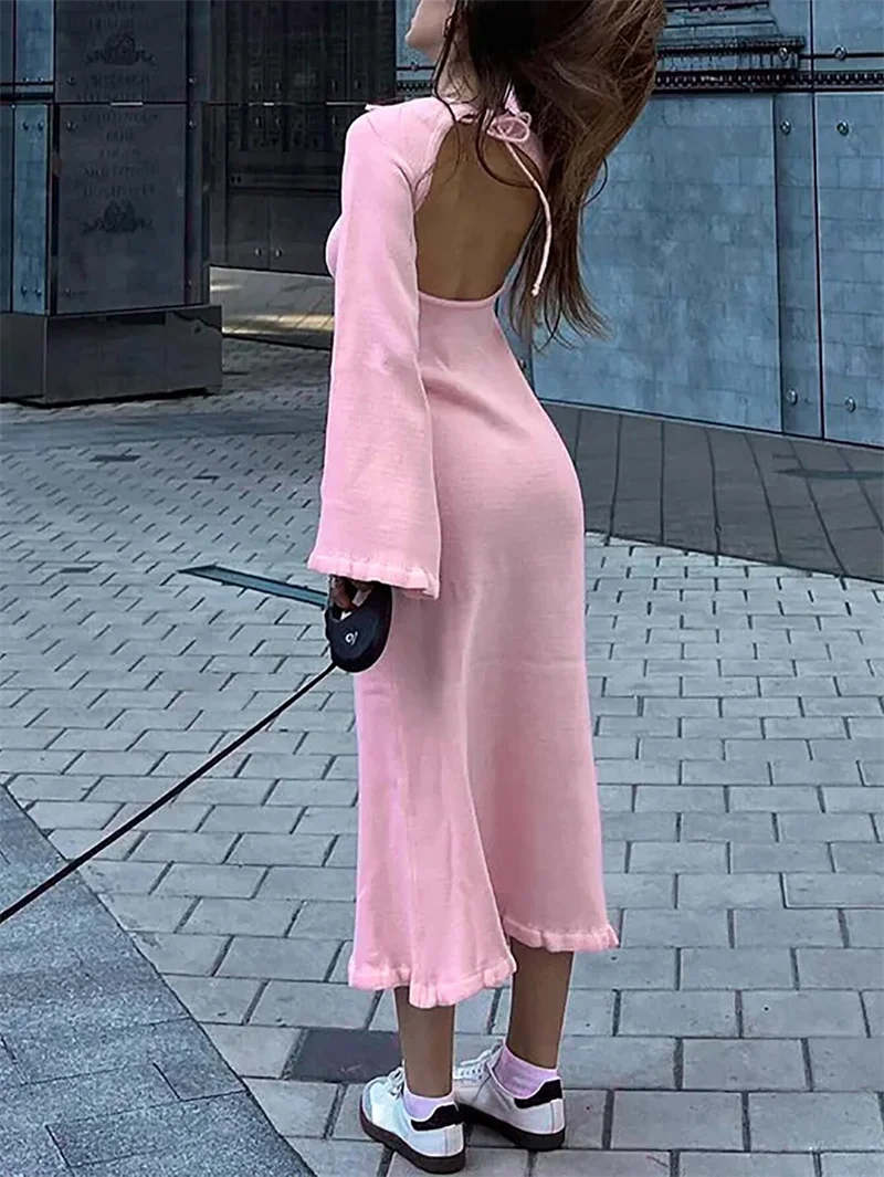 Herbst mode Rüschen rosa Strickkleid, Frauen Volant Langarm sexy rücken freie Schnürung langes Party kleid, weibliche Strand Vertuschungen