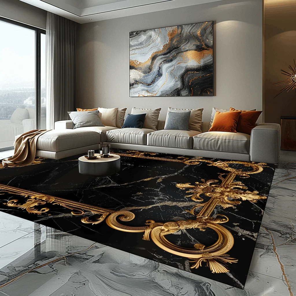 Luxury Black Gold Large Rugs for Living Room European Style Decoration Home Carpet Sofa Coffee Tables Mat Non-slip Bedroom Rug