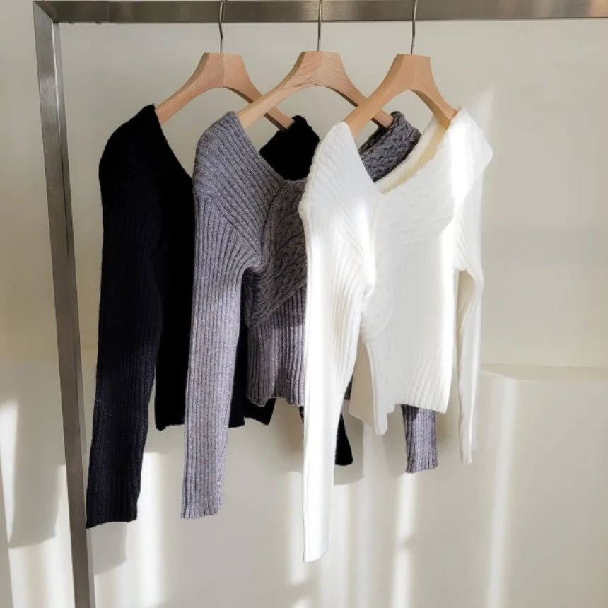 

Slim Fit Long Sve Knitted Sweater Women's Chic Design oulder Bared Twist Splice Faionable Top Chinese Brandl Product