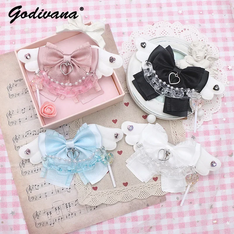 Handmade Hair Clip Heart Shape Rhinestone Chain Pearl Y2K Sweet Hair Accessories for Women Cool Decorative Bow Barrettes