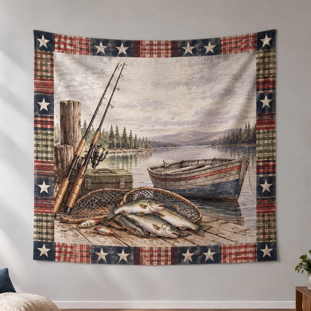 VIKAMA Fishing Still Life Clustered Groups Tapestry Wall Hanging, American Wall Art Tapestries for Living Room Bedroom Kids Room