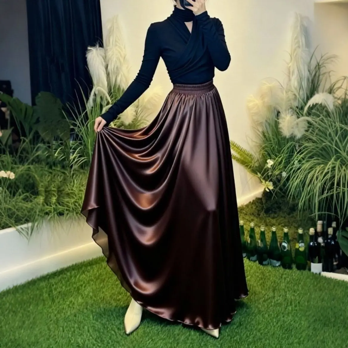 Glossy Coffee Satin Silk Sexy Women High Waist Skirt Elegant Pleated Loose Long Bottoms