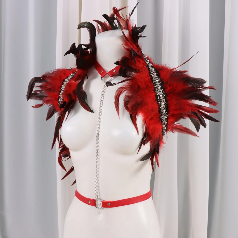 Gotycki Punkowy Szal z Imitacji Piór Personalizowany Pas na Klatkę Piersiową ze Skóry PU Kostium na Halloween Boże Narodzenie do Odgrywania Ról na Scenę