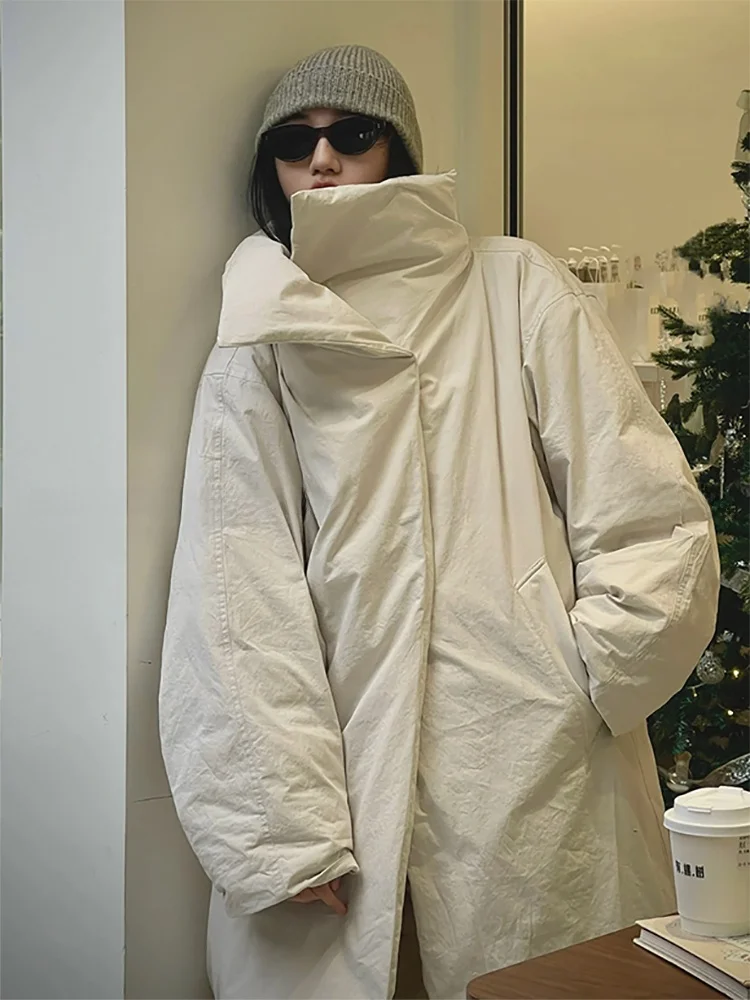 

Корейское высококачественное хлопковое пальто, женское зимнее теплое длинное пальто с длинным воротником и скрытыми пуговицами, матовое хлопковое пальто, высокая женская длинная верхняя одежда