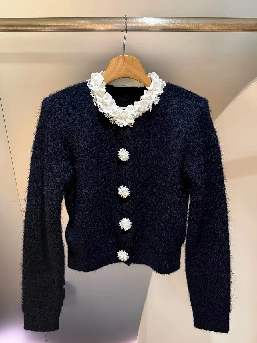Elegant Floral Edged Knitted Cardigan Women's High-End Version Sweet Style French Design Sweater Coat Spring Autumn Top
