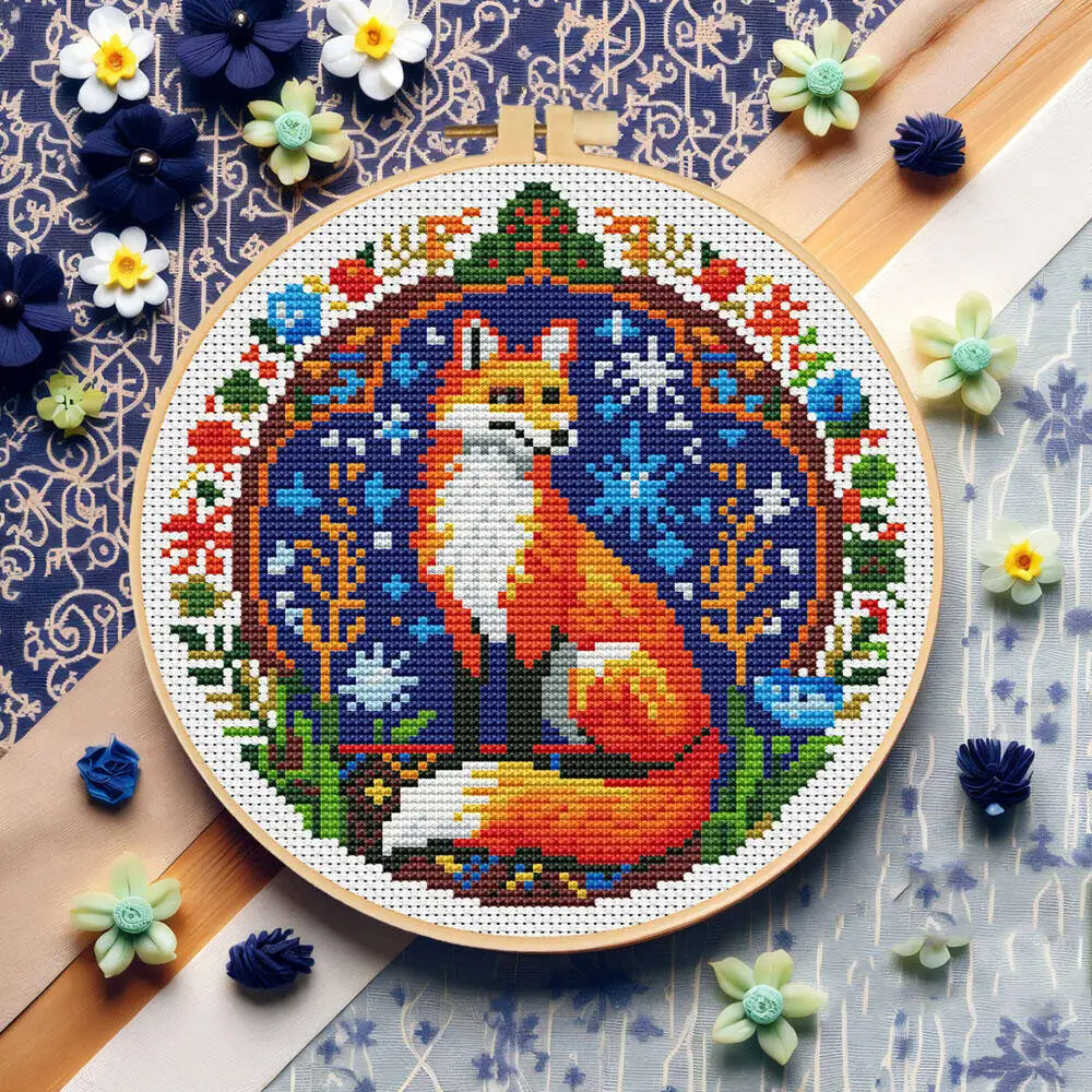 HUACAN Fuchs Stickerei Kits Tier Hoop Mit Werkzeuge 11CT Kreuz Stich Sets Gedruckt Leinwand Blume Handarbeiten