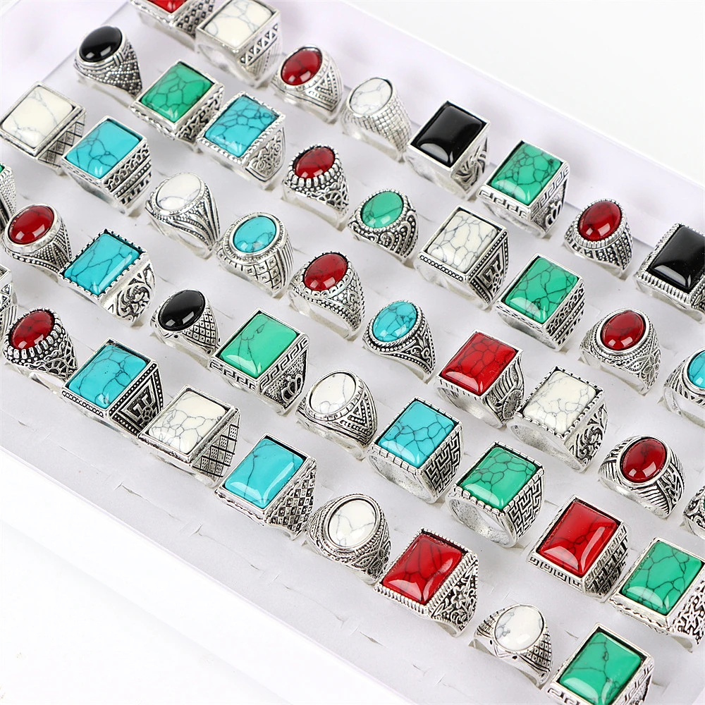 Wholesale 30Pcs/Lot Vintage Glass Stone Colorful Geometric Finger Rings For Men Women Jewelry Accessories Party Gifts Mix Style